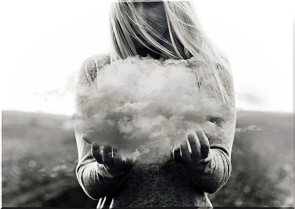 A woman carrying a cloud